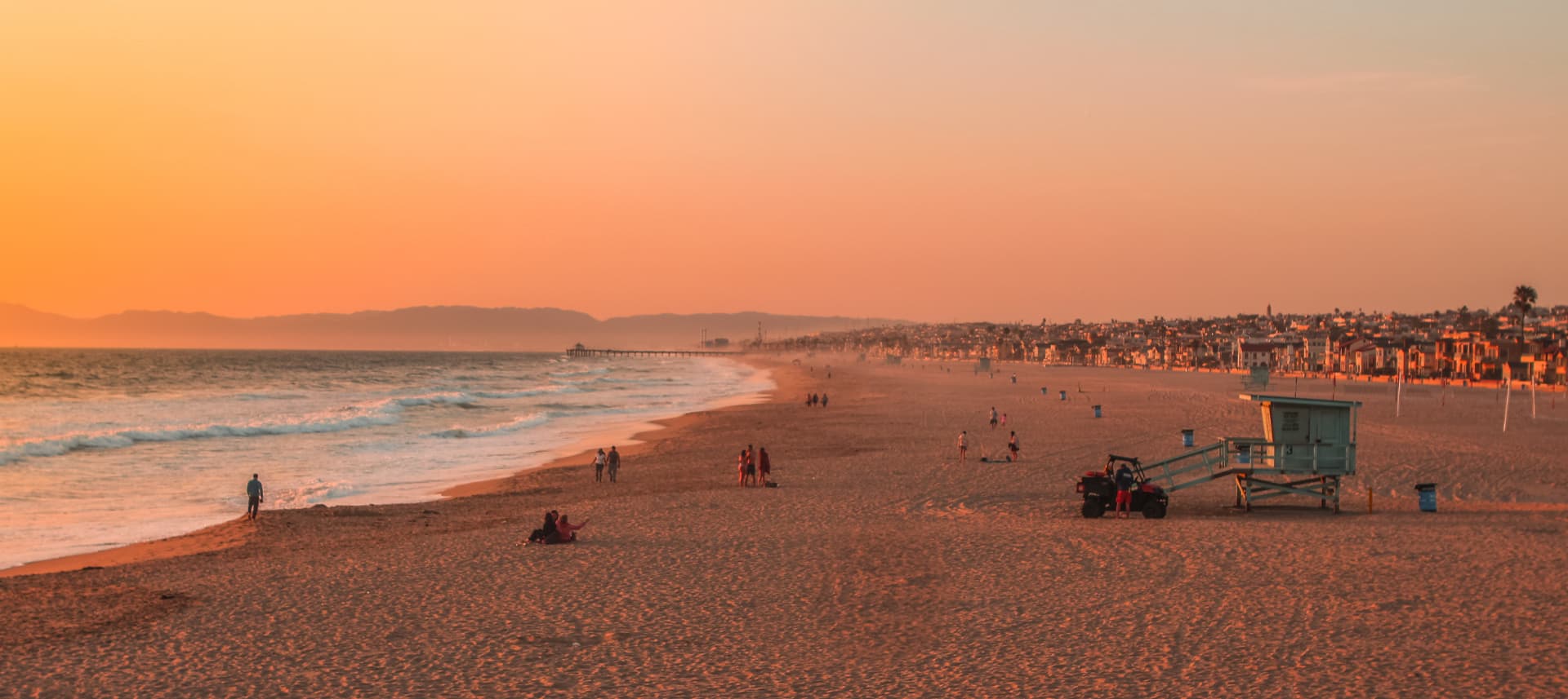 Aerial sunset over the Hermosa Beach coastline