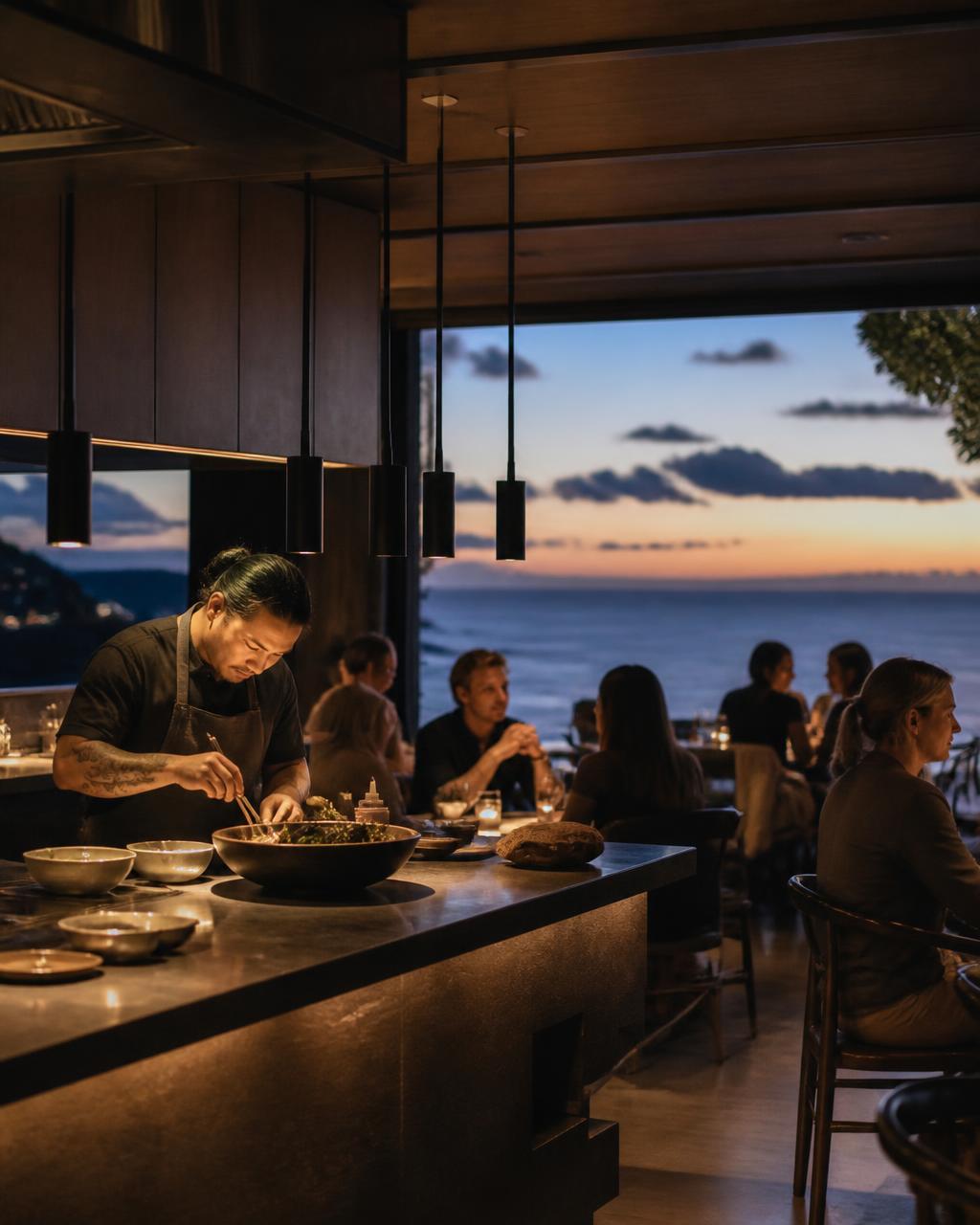 Chef plating at a coastal chef-driven restaurant at dusk