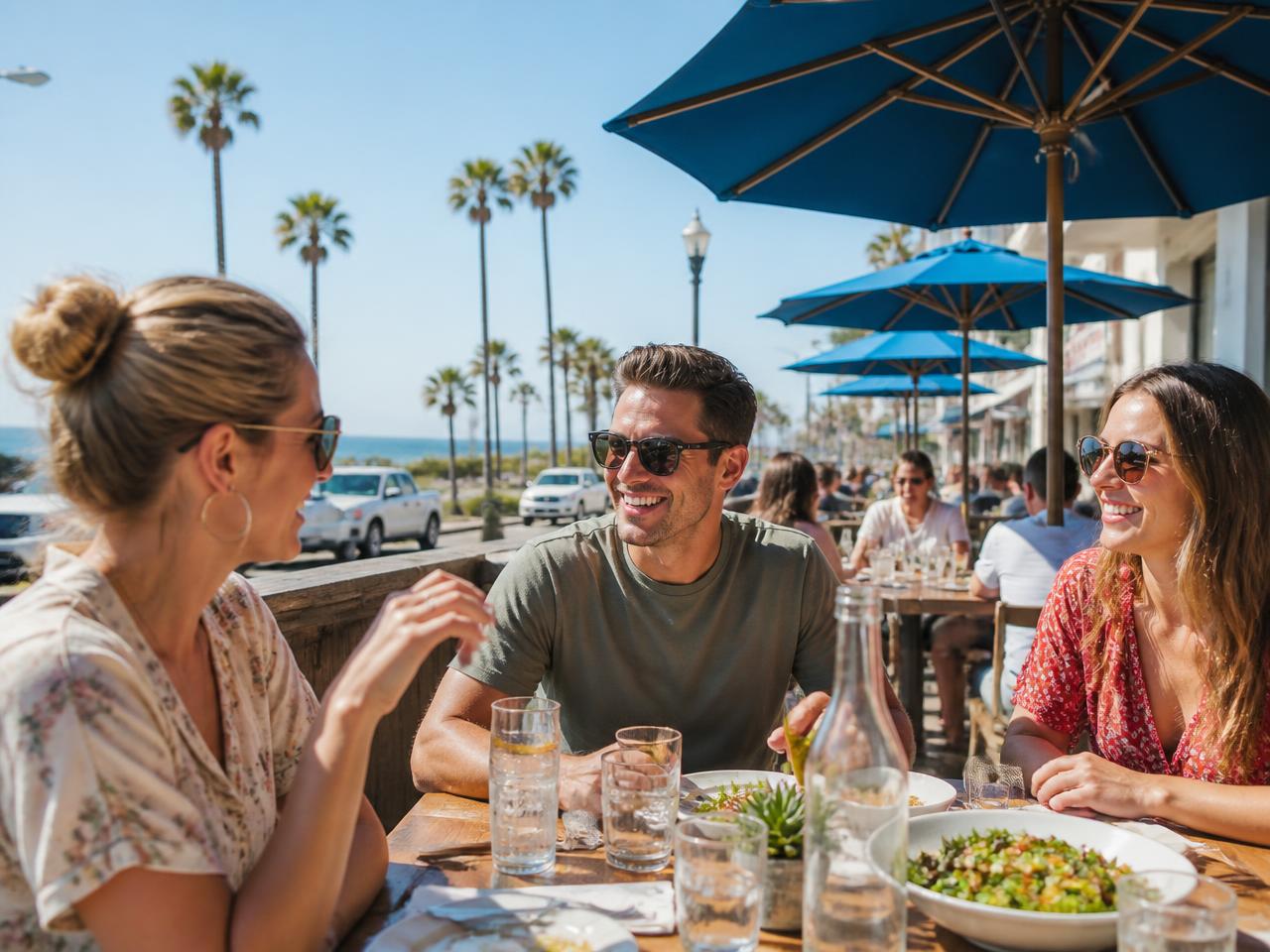 Guests dining on a sunny beachside restaurant patio