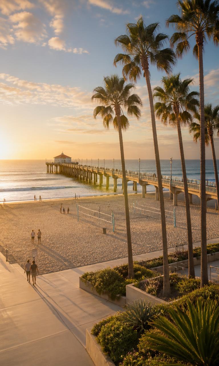 Hermosa Beach Pier and The Strand at golden hour